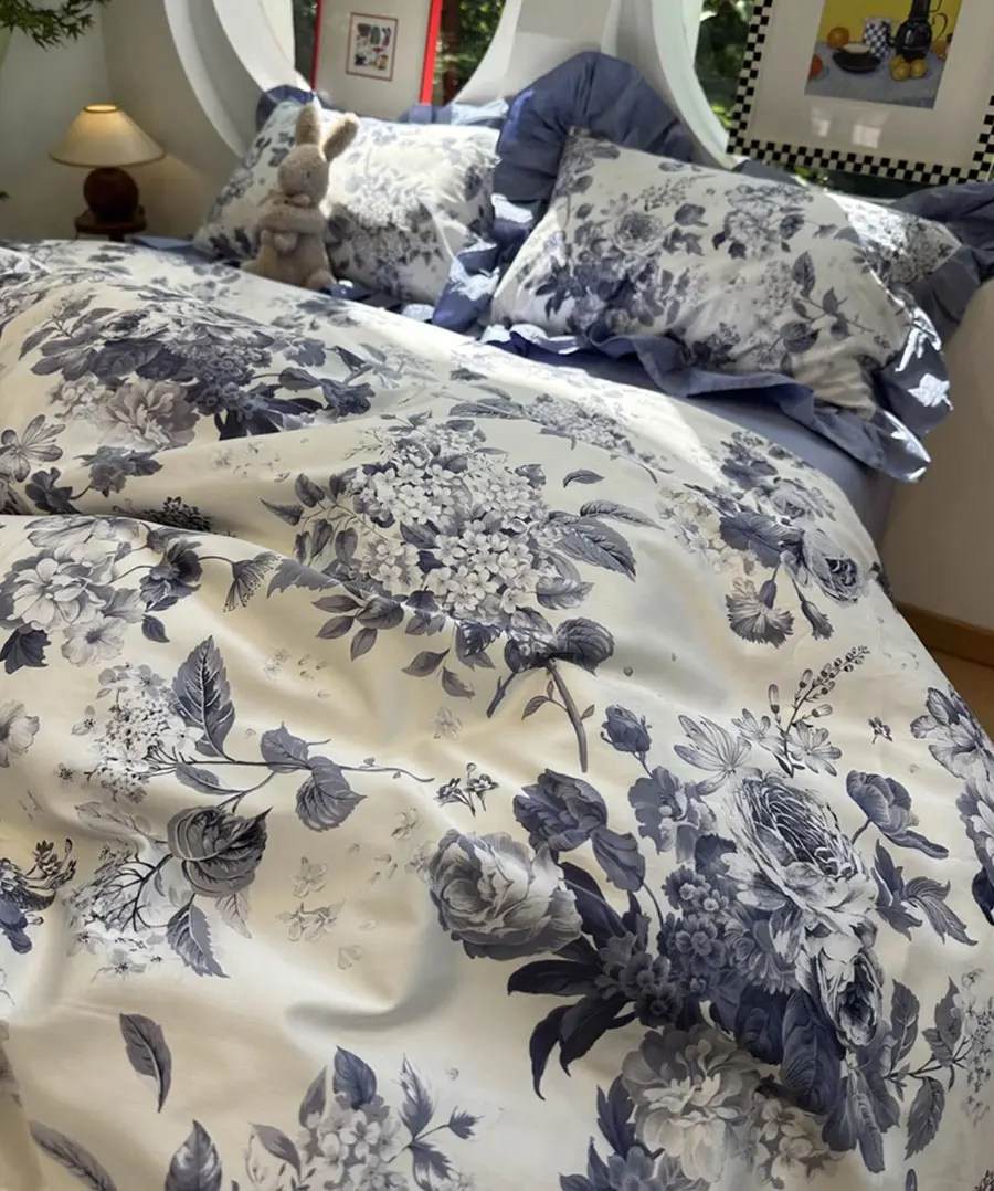 Fashion blue pastoral flower bedding set,full queen king fairyfair floral cotton home textile bed sheet pillow case quilt cover