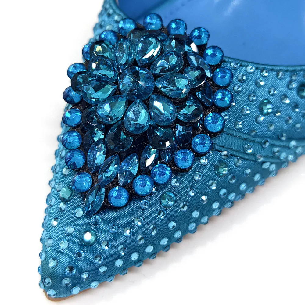 Venus Chan Blaue Strassbesetzte Bequeme High-Heel-Schuhe und Tasche im Modestil mit spitzer Zehenpartie für Damen oder als Pendler-Schuhe – Detail 27