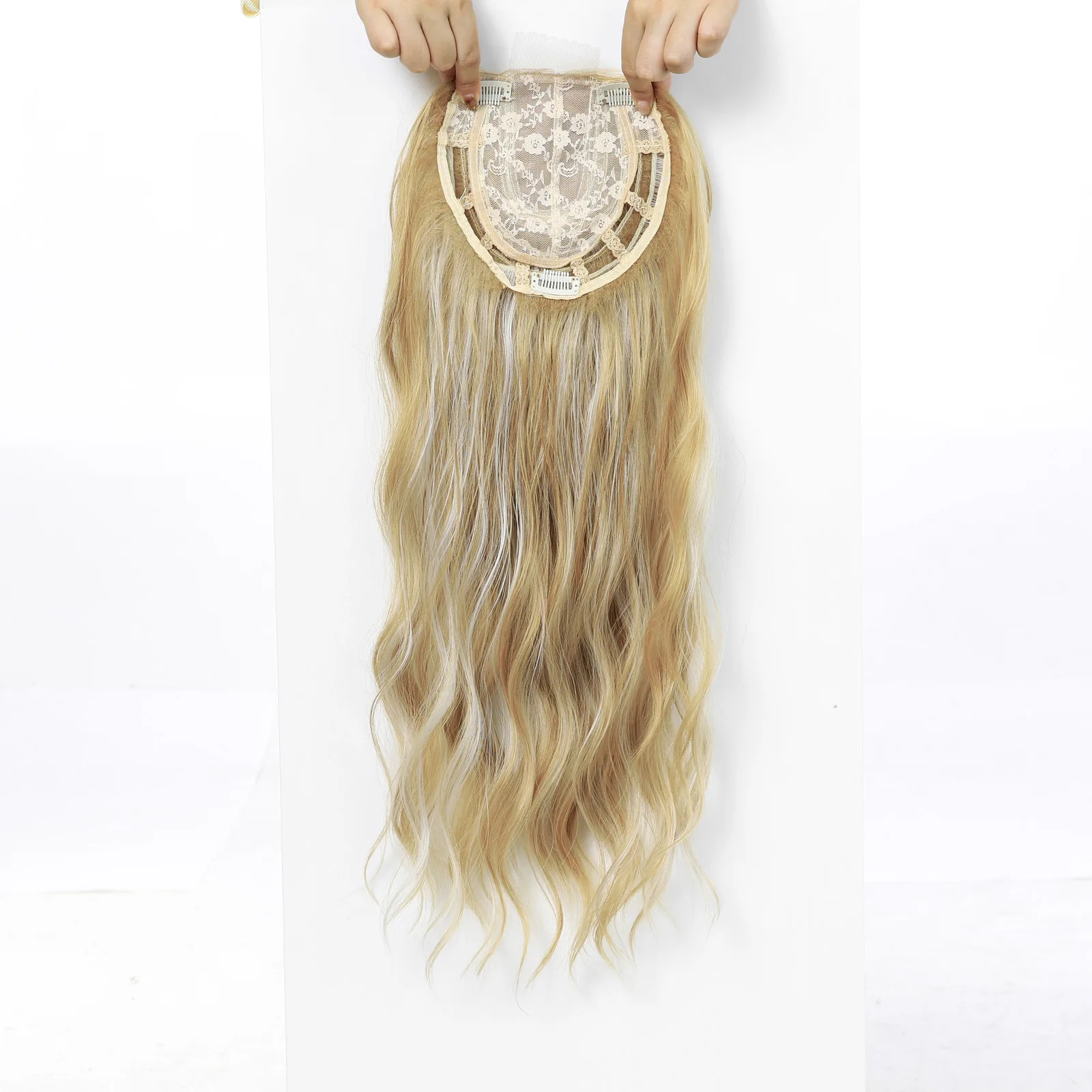 20 Inch Synthetic Long Wave Hair Topper Lace Base Hairpiece Clip on Top Hair for Women Cover Thinning Hair Breathable Wig Piece