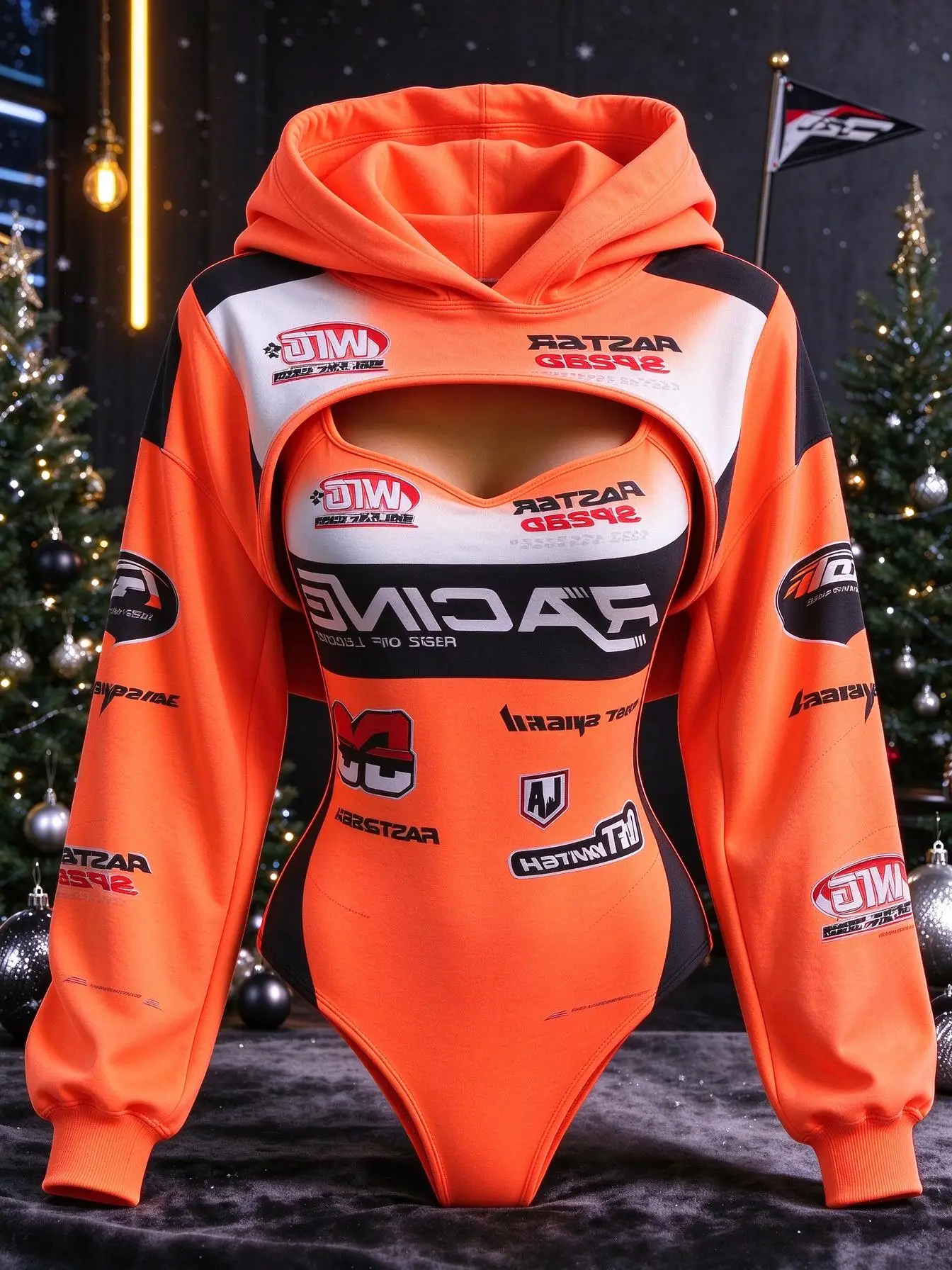 Women 2Pcs Orange Racing Logo Print Bodysuit + Hooded Shrug Xmas Costume