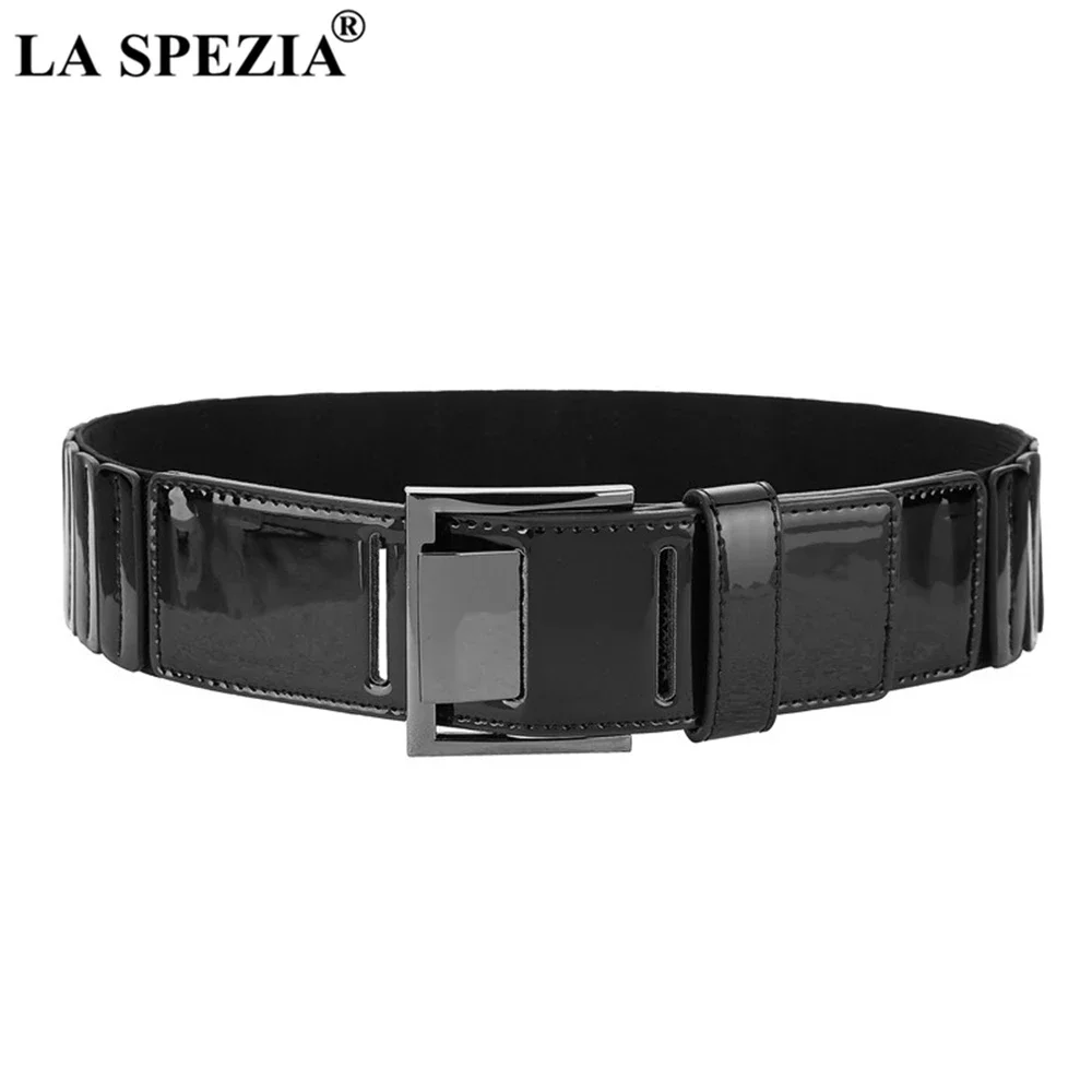 LA SPEZIA Waist Belt Red Patent Leather Women Belt Elastic Corset Pu Leather Ladies Belts for Dresses Fashion Square Buckle