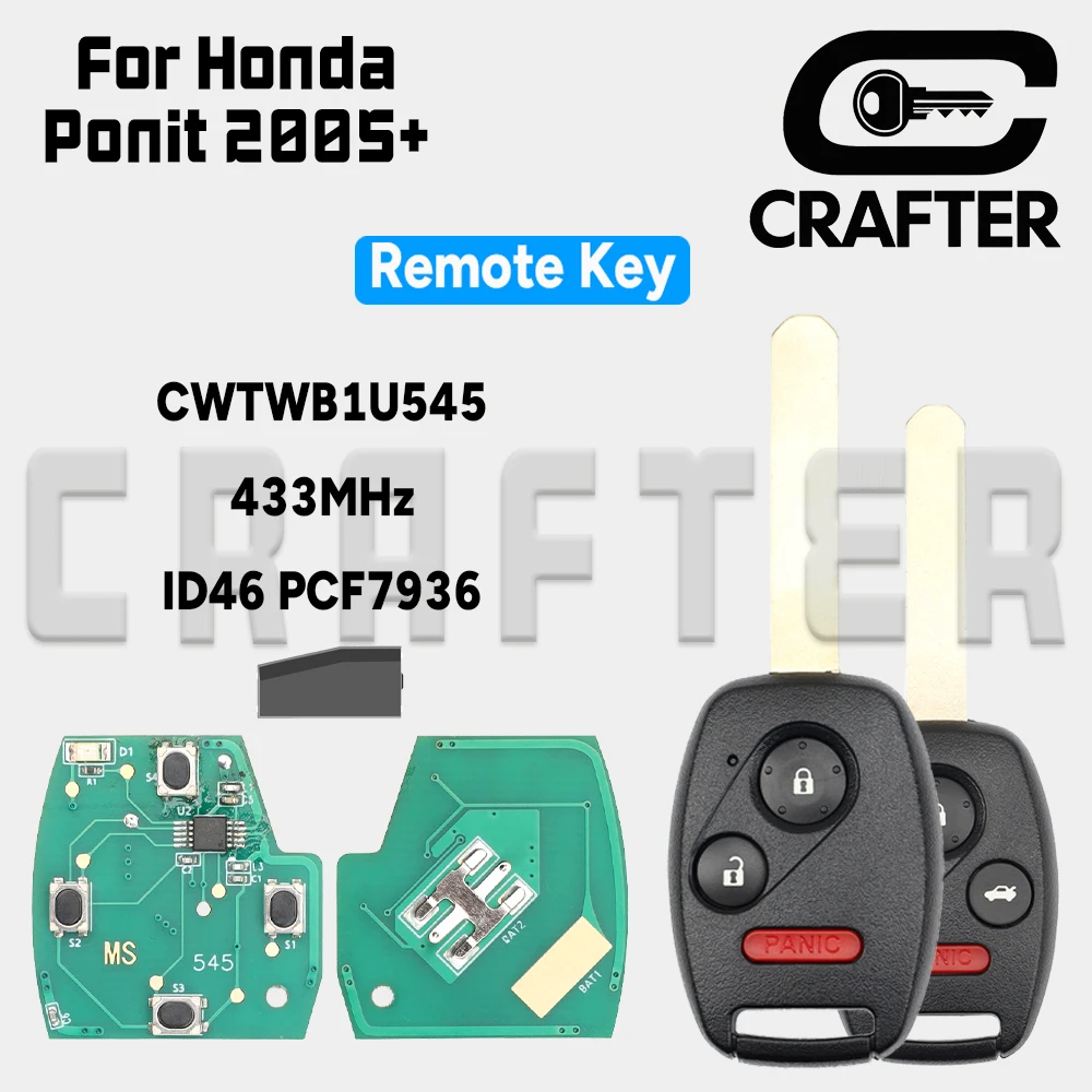مفتاح Crafters CWTWB1U545 ID46 PCF7936 433MHz مفتاح السيارة عن بعد لهوندا بونيت 2005 2006 2007 2008 2 + 1 أزرار أو 3 + 1 أزرار
