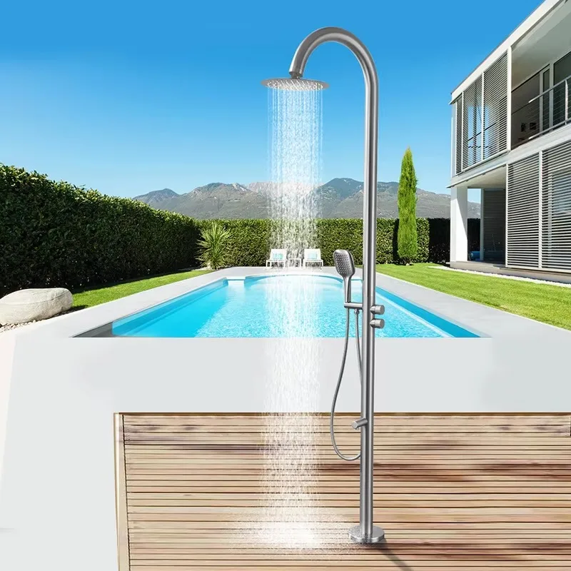 Brushed Stainless Steel Modern Wall Mounted Outdoor Shower Column with Ceramic Cartridge for Pool and Beach Use Dual Function