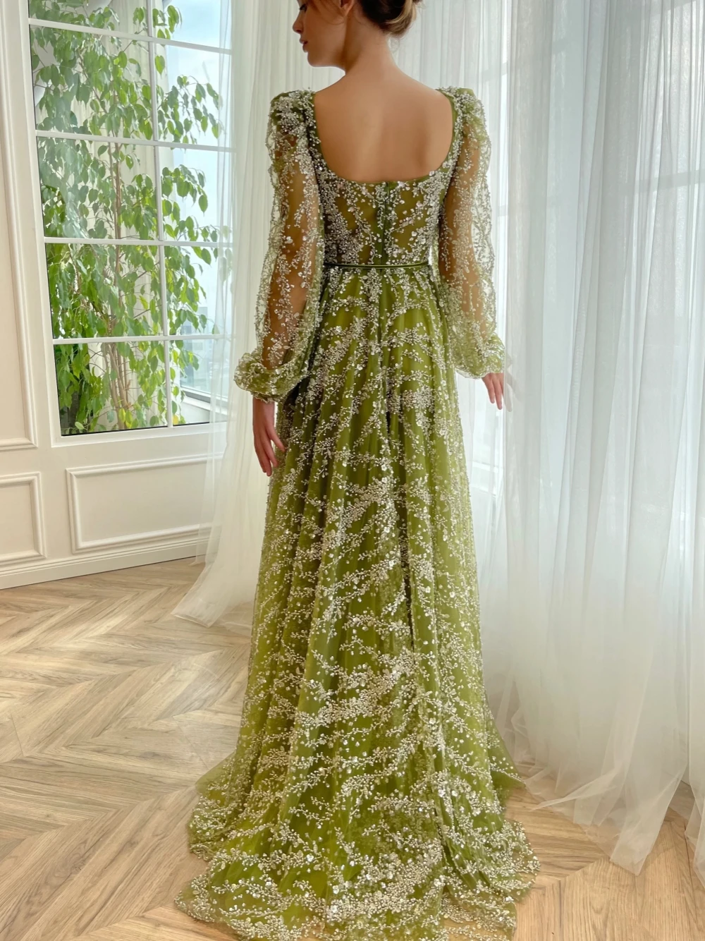 Green Square Neck Glitter Evening Dress Modern Pearls Formal Party Customized Cocktail Gown Charming Lace A Line Prom Dress