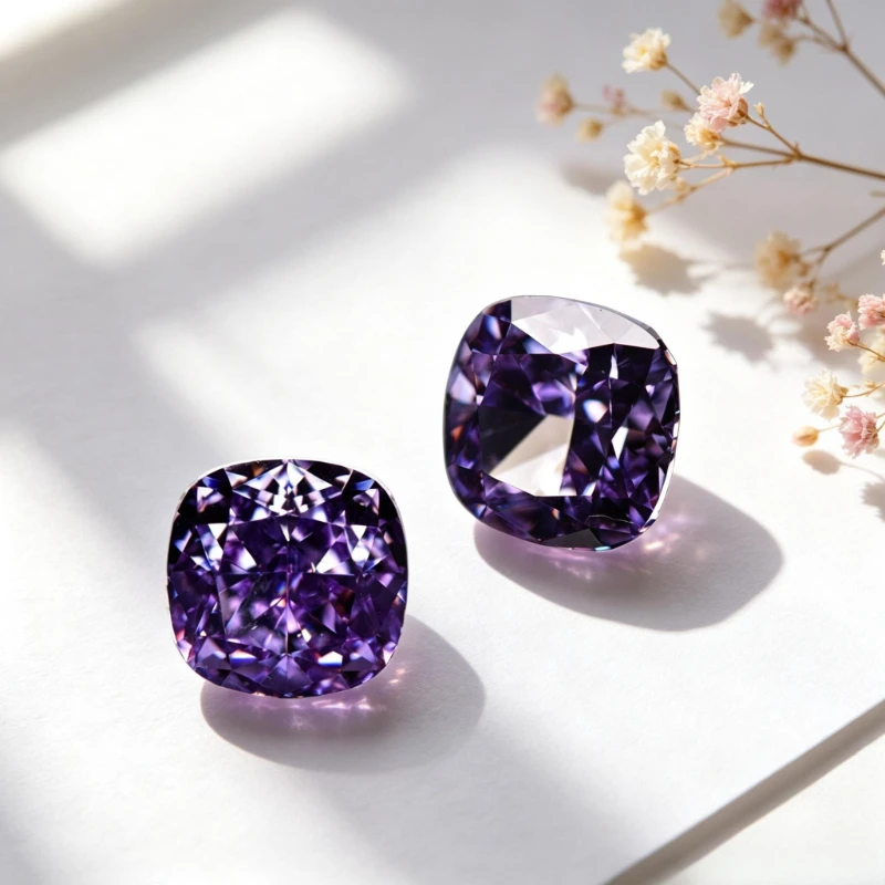 Kubisches Zirkonium, Crushed-Ice-Schliff, quadratische Kissenform, lila Farbe, 5A+ Qualität, CZ, 4K-Schliff, hochkarätiger Diamant – Detail 3