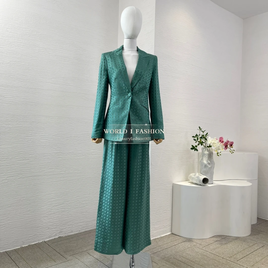 

Green Long Sleeve Jacquard Jacket Tops and Pants Set 2025 New