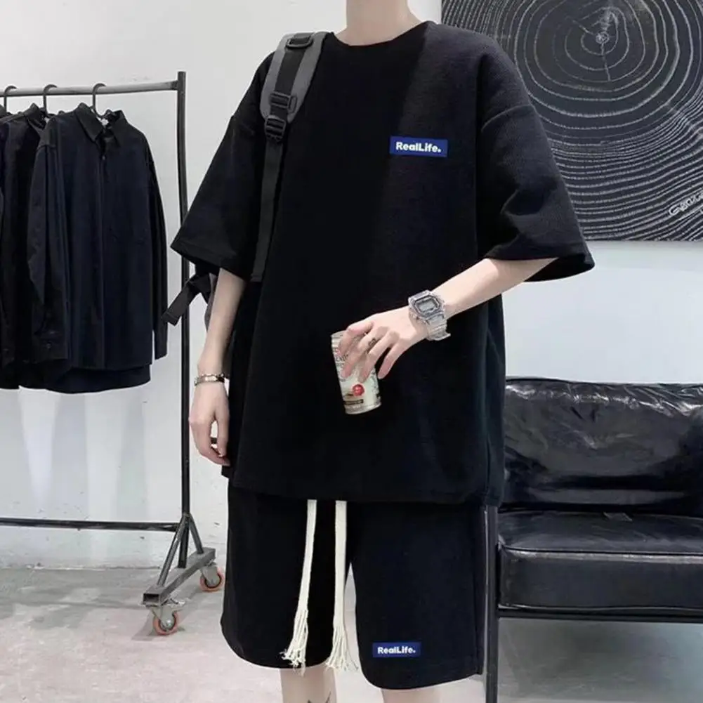 Men Two Piece Set Men's Summer Tracksuit Shorts Set with Waffle Texture Fabric Oversize Short Sleeve Sweatsuit for Versatile