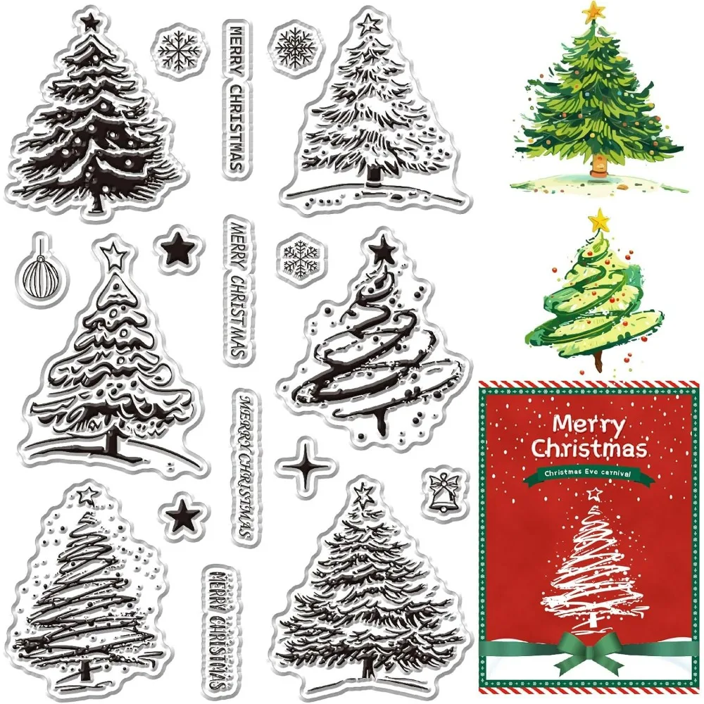 Transparenter Stempel „Merry Christmas“ für die Kartenherstellung, Kiefern, Wald, Wald, Schneeflocken, Grußhintergrund, Silikon, transparenter Gummi
