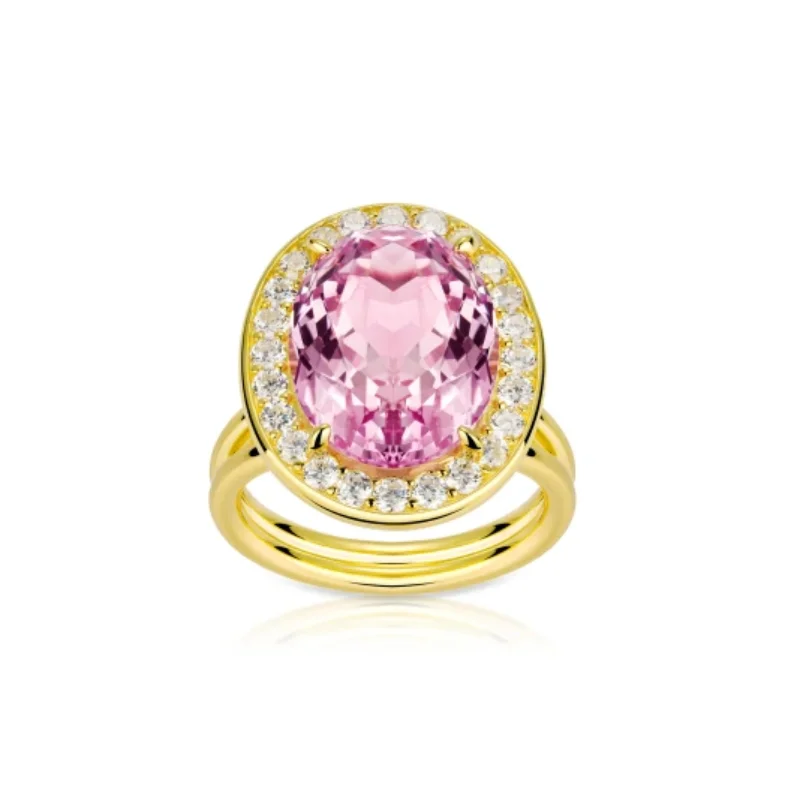 

BELLUX Luxury Oval Pink Silver Ring Gold Plated Sparkling Zircon Elegant Cocktail Ring Jewelry for Women