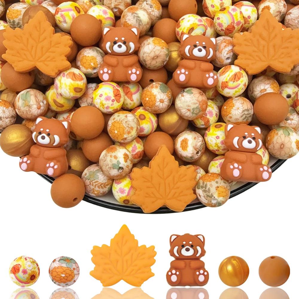 34Pcs Maple Leaf Red Panda Silicone Beads Set DIY Beaded Necklace Bracelet Decoration Pen Jewelry Pendant Etc. Holiday Birthday Gift