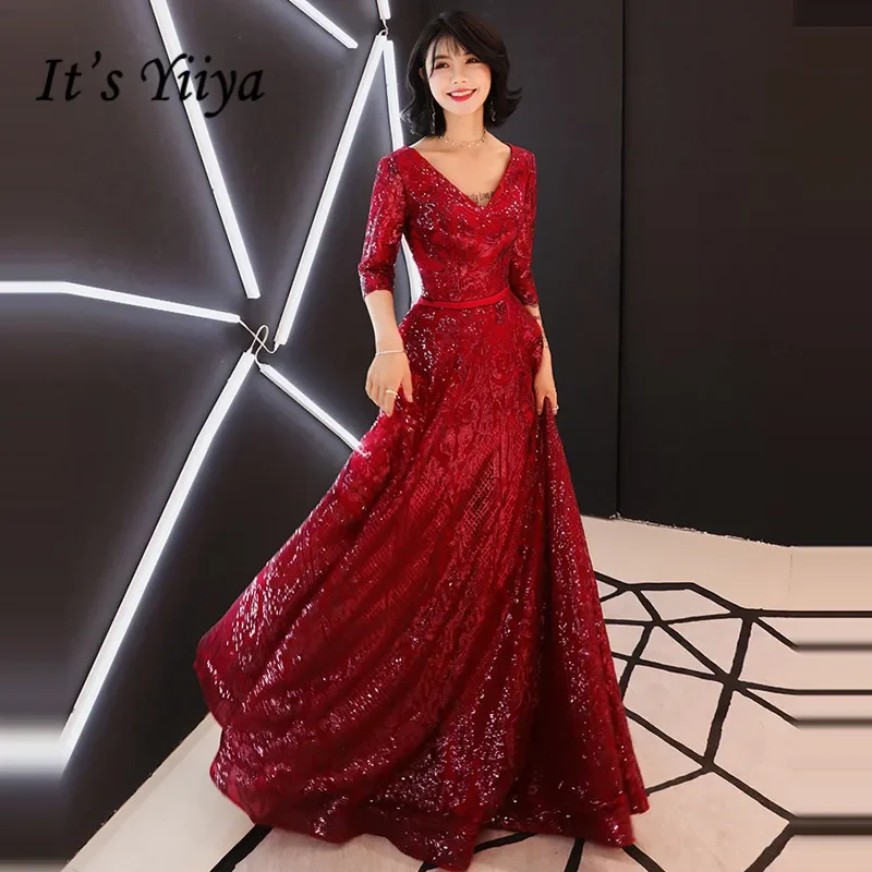 

It's YiiYa Evening Dresses Wine Red Bling Sequins V-neck Floor-length Women Party Formal Gown Plus size LX1335 robe de soiree