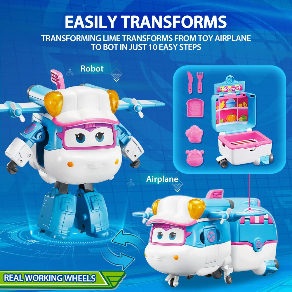 Super Wings 5 Inches Transforming Lime & Food Cart Include Food Molds Robot Transformtion Airplane Action Figures Anime Kid Toy