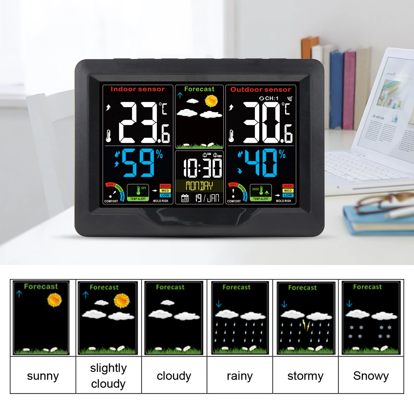 Weather Forecast Station Clock RF Indoor Outdoor Color Screen Clock with RF Transmitter Digital Temperature and Humidity