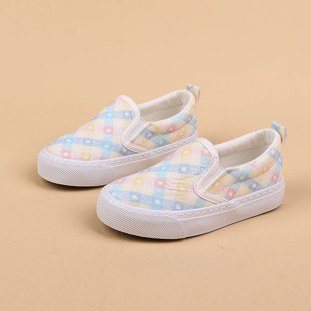 COMFY KIDS Girls' Rainbow Gradient Checkered Glitter Slip-On Canvas Sneakers, Soft Non-Slip Breathable Toddler Casual Shoes, Spr