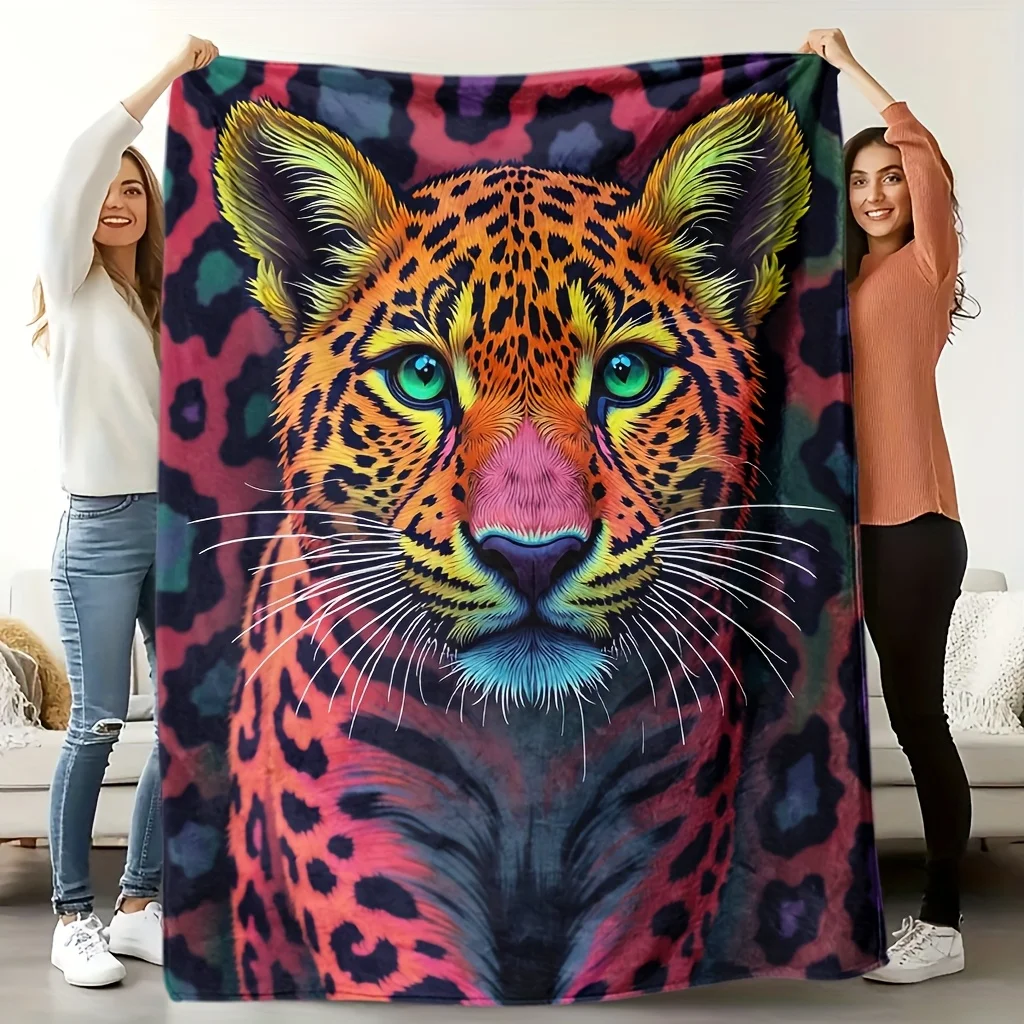 1pc Rainbow Leopard Print Blanket - Soft Quilted-Like Texture, HD Multicolor Leopard Face Black White Pink Purple - All-Season
