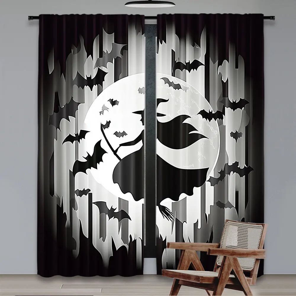 2Pcs Halloween Witch Curtains Spooky Scary Bat Horror Full Moon Night Magic All Saints Day Holiday Window Curtain Bedroom