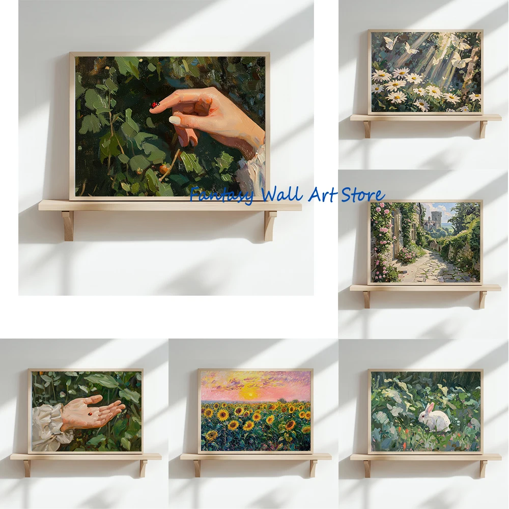 Spring Flower Field Landscape Rustic Sunshine Butterflies Spring Red Ladybug Rustic Poster Canvas Painting Wall Pictures Decor