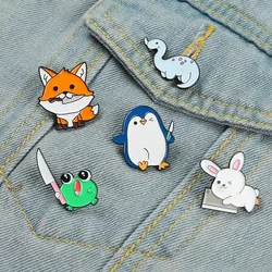 Cute Animal Knife Enamel Pins Dinosaur Penguin Rabbit Fox Brooches for Backpack Clothes Pin Badge Jewelry Gift Bulk Whoelsale