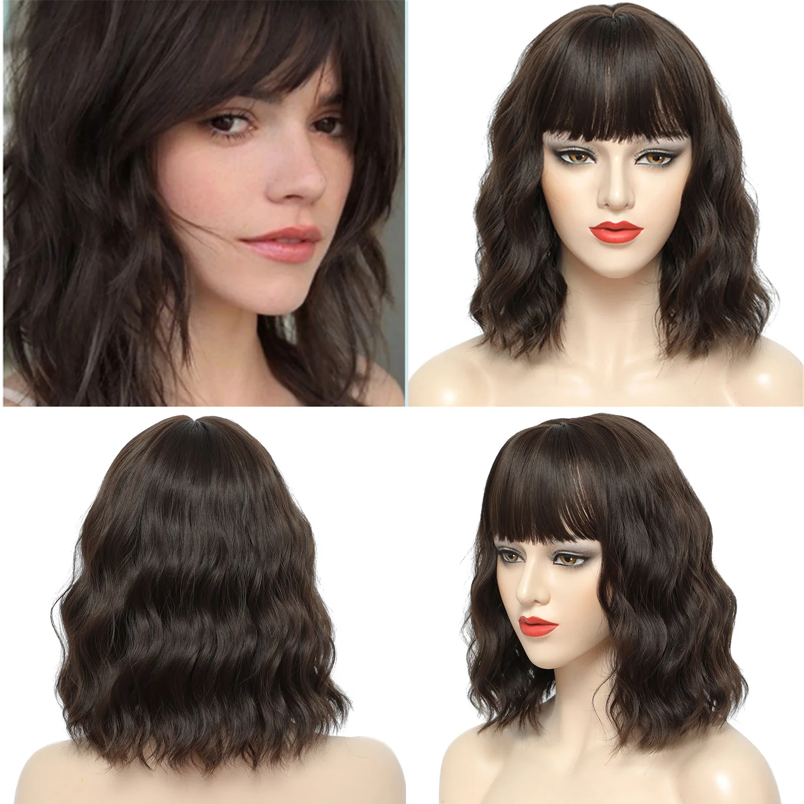 

Wig water ripple bob short curly bangs daily multi-color highlights gradual change full hood cos fluffy natural
