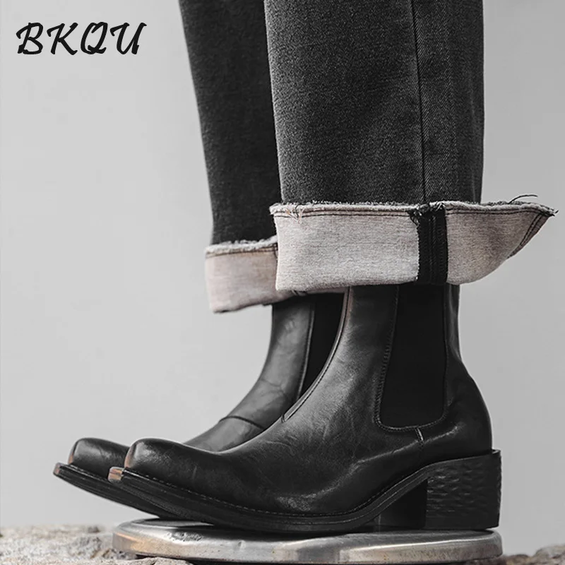 BKQU Pointy Wizard Cocked Head Chelsea Boots Casual Trend Men Autumn/Winter 2024 New Winter Plus Fleecy Ankle Boots Formal Wear