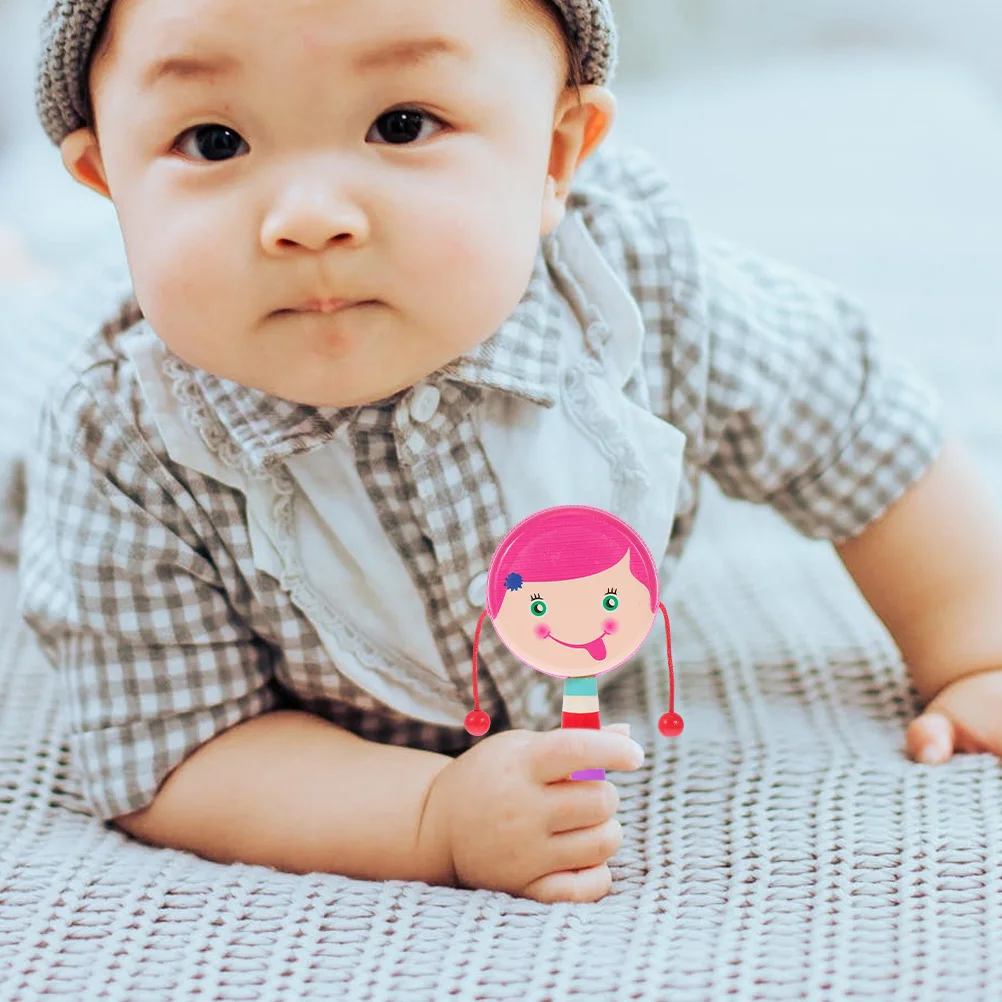 

2pcs Wooden Rattle Drum Baby Musical Toys Lightweight Safe Material Infant Handheld Newborn Rattles Cartoon Design Touch Sense