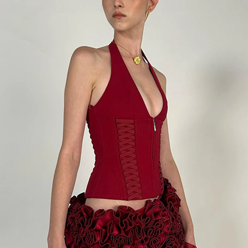 WhereMery Fashion Cross Tie Zipper Slim Kamizelka damska Sexy Off Shoulder Backless Sleeveless Halter Top Casual Summer Street Camis