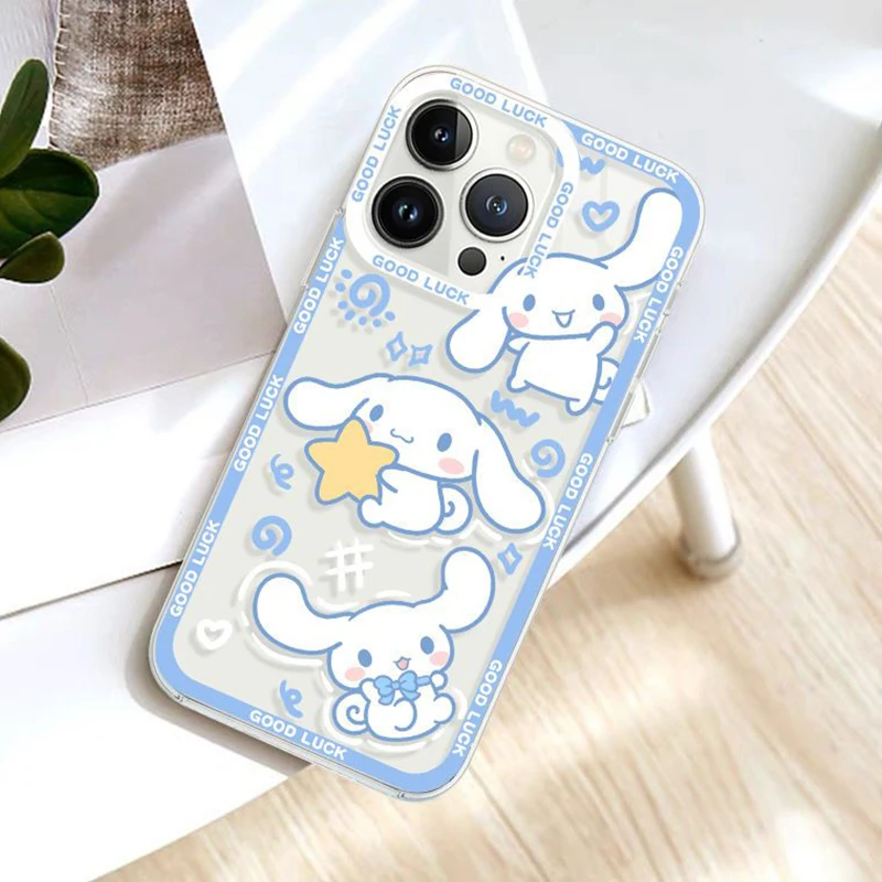 Lovely Sanrio Cinnamoroll Phone Case For Iphone 15 14 13 12 11 Pro Max 7 8 Plus X XR XS Max Girl Gift Transparent Phone Cover