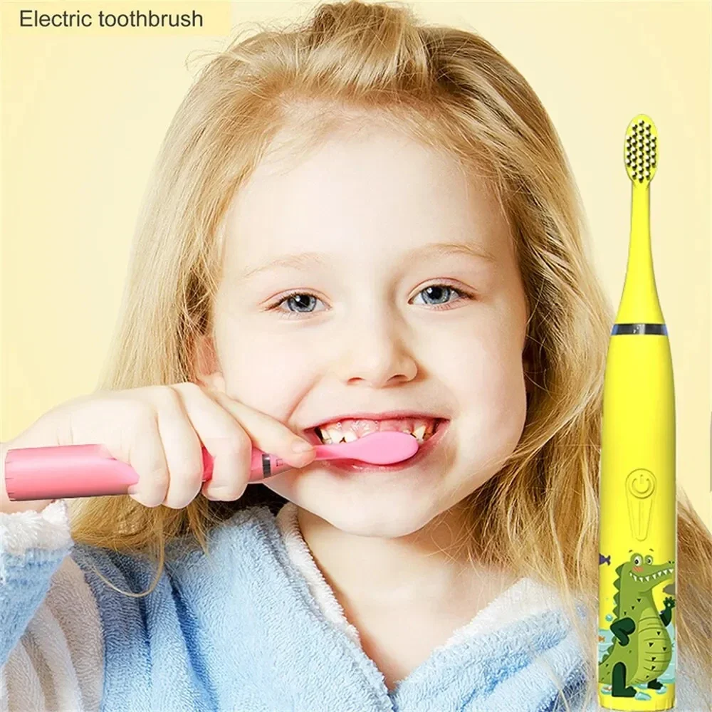 Cepillo de dientes eléctrico sónico para niños IPX7 resistente al agua con cabezales de repuesto cepillo de dibujos animados colorido recargable automático para niños