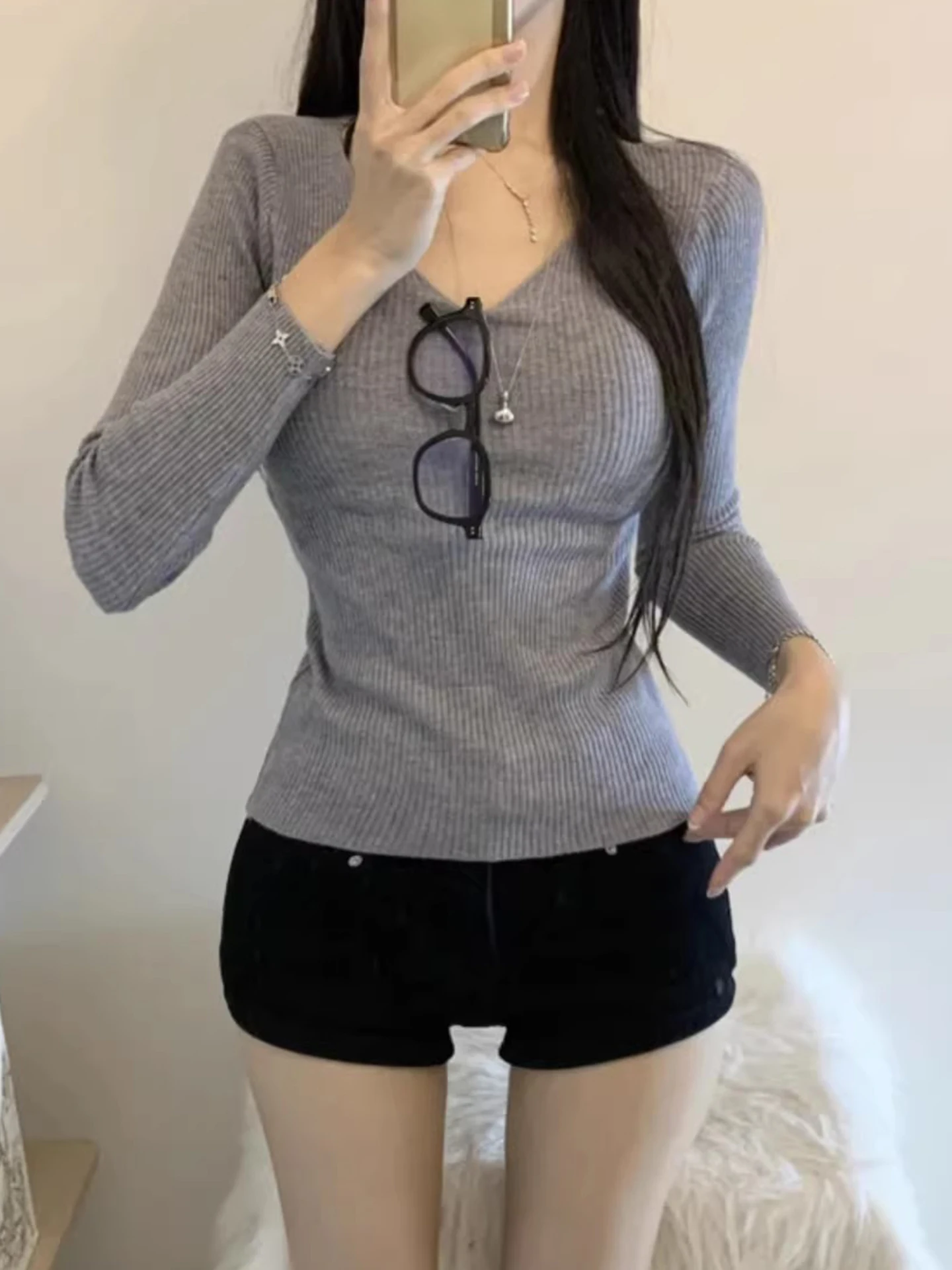 

Sexy Color V-Ne Long Sve Knitted Sweater Women's Early Spring Slim Fit Versatile Base Layer irt