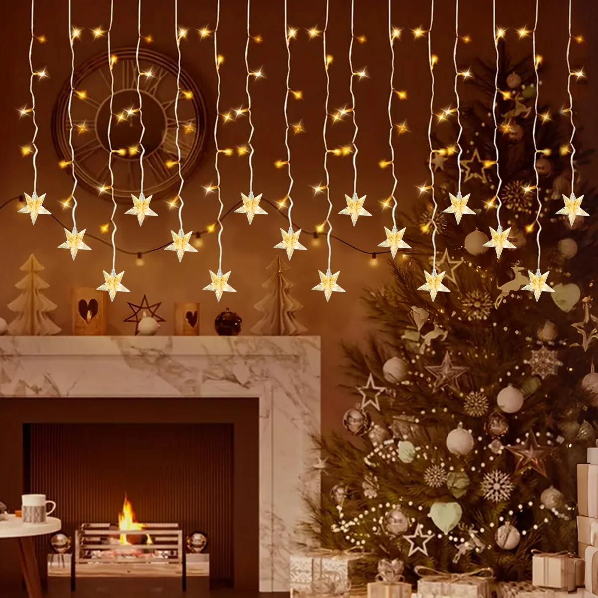 1pc 96LED Star Curtain Waterfall Icicle String Light Outdoor Christmas Lights Solar Powered Perfect For Home Garden Window Decor