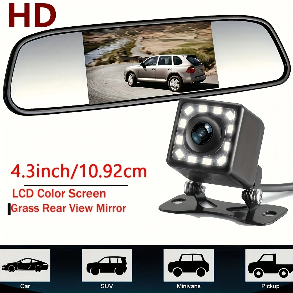 HD 4.3in TFT LCD Car Rear View Mirror Kit with Wide Angle Backup Camera- Easy Install,Night Vision for Enhanced Parking Safety