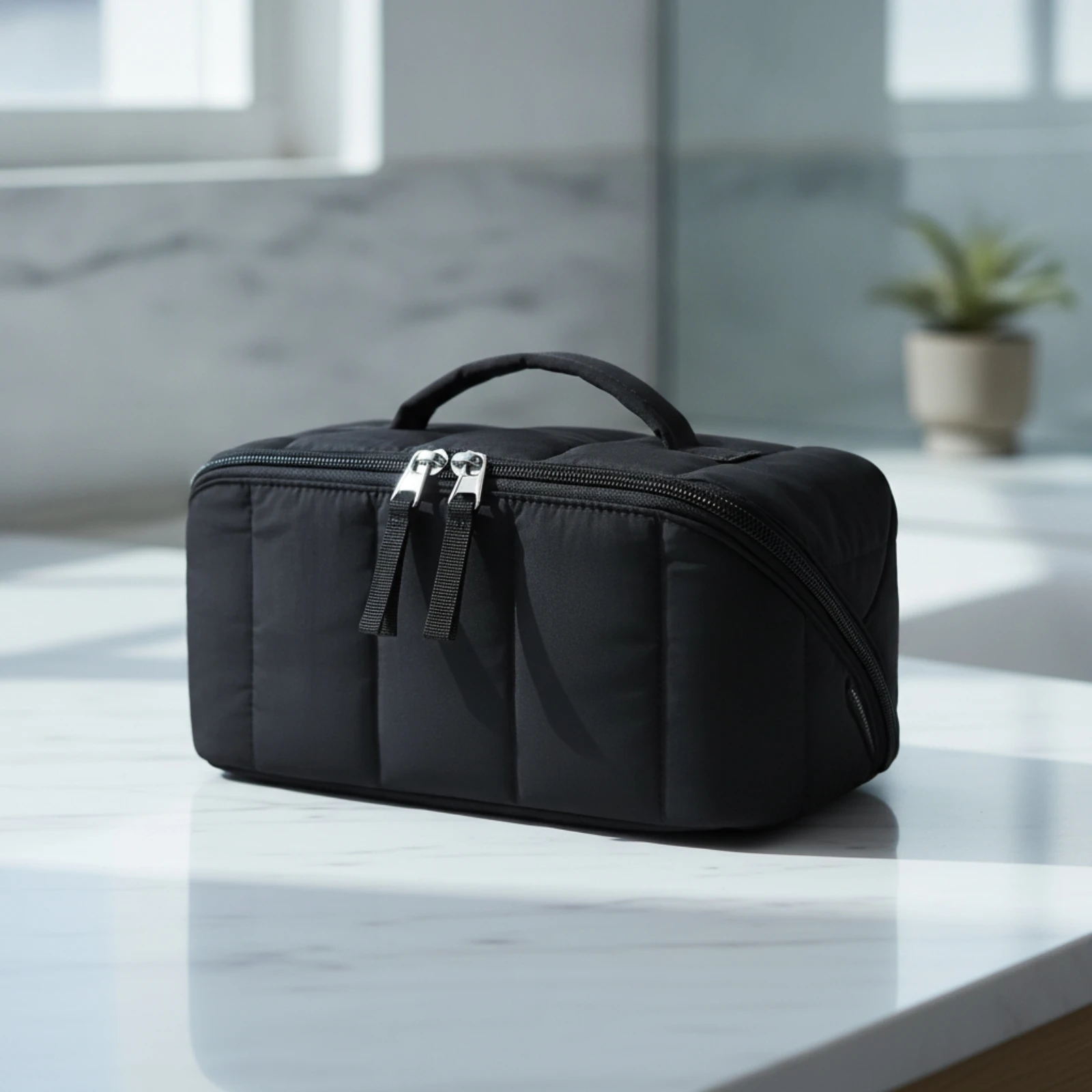 トラベルメイクアップバッグ-コンパクトメイクアップバッグ-仕切り付きトイレタリーケース-構造化された耐久性のあるデザイン-旅行者、宿泊、バスルーム用