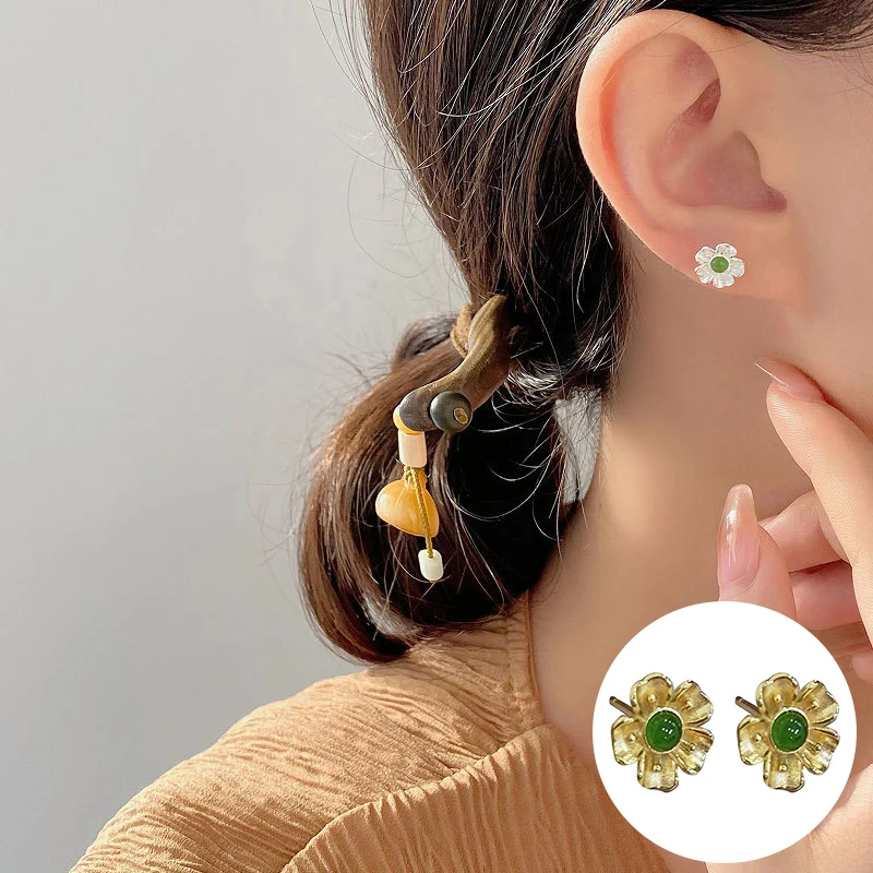 

100% 925 Sterling Silver Jade Flower Earrings for Women Girl Simple Vintage Sakura Design Jewelry Birthday Gift Dropshipping