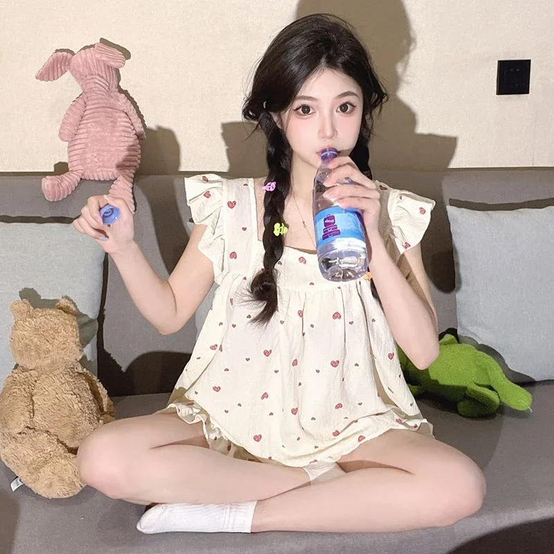 Sweet Princess Style Pajamas Cute Girls Leisure Sleepwear Suit Loose Home Clothing Women Summer New Vest Shorts Two-piece Set
