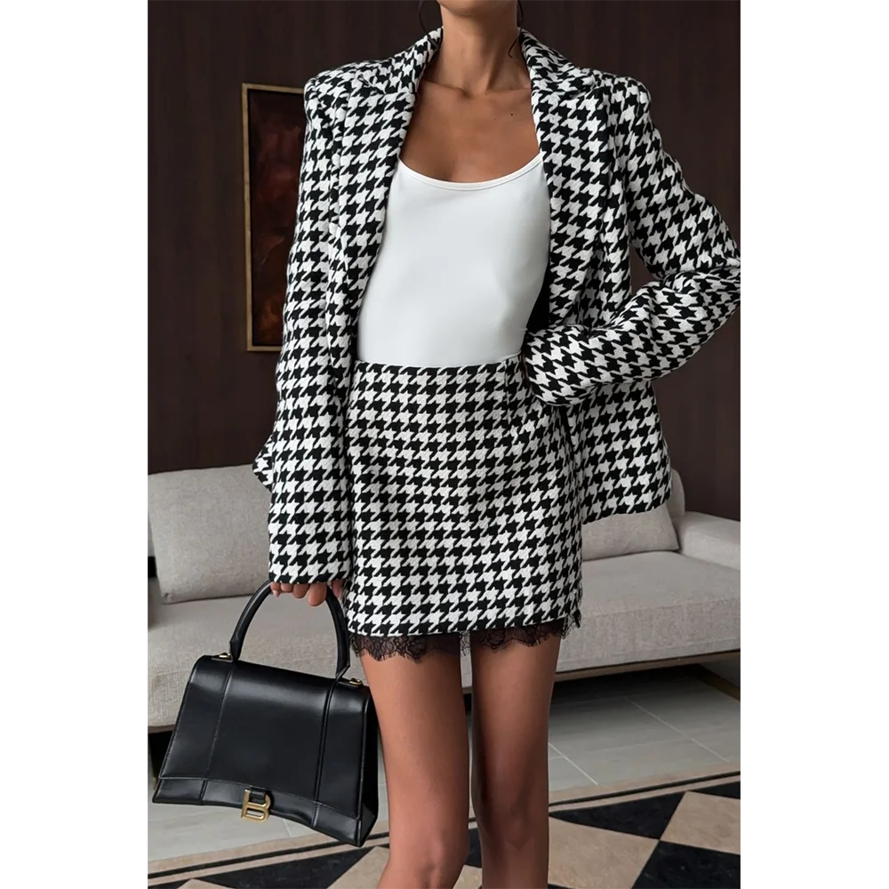 Women's Black White Houndstooth Blazer Skirt Suit Slim Fitted Two Pieces Outfit Elegant Lace Trim Single Button Fashion Casual