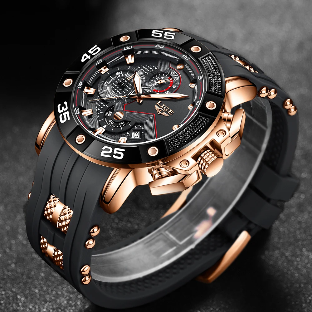 LIGE Mens Watches Top Brand Luxury Big Dial Watch Men Silicone Military Sports Waterproof Quartz Watch For Men Relogio Masculino
