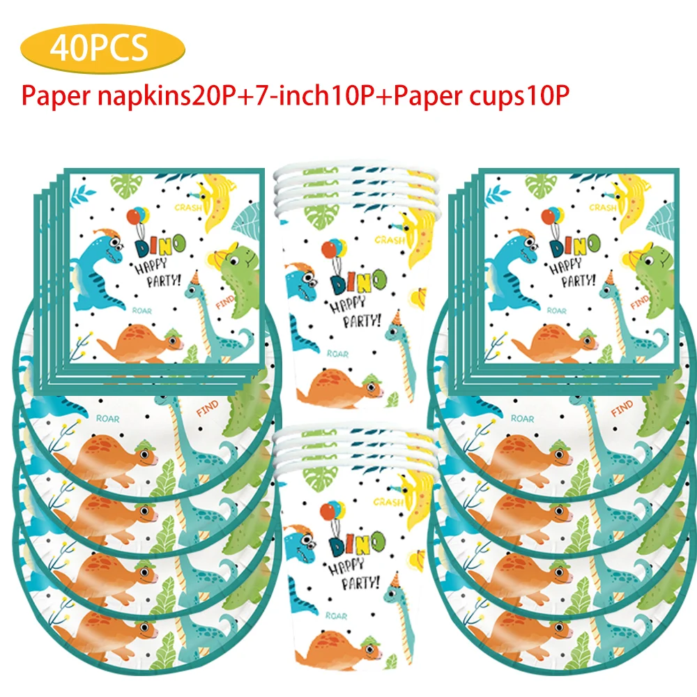 

40/41/51/60 pcs cartoon dinosaur themed party supplies Disposable plates Paper towels Paper cup tablecloth Dinner fork set table