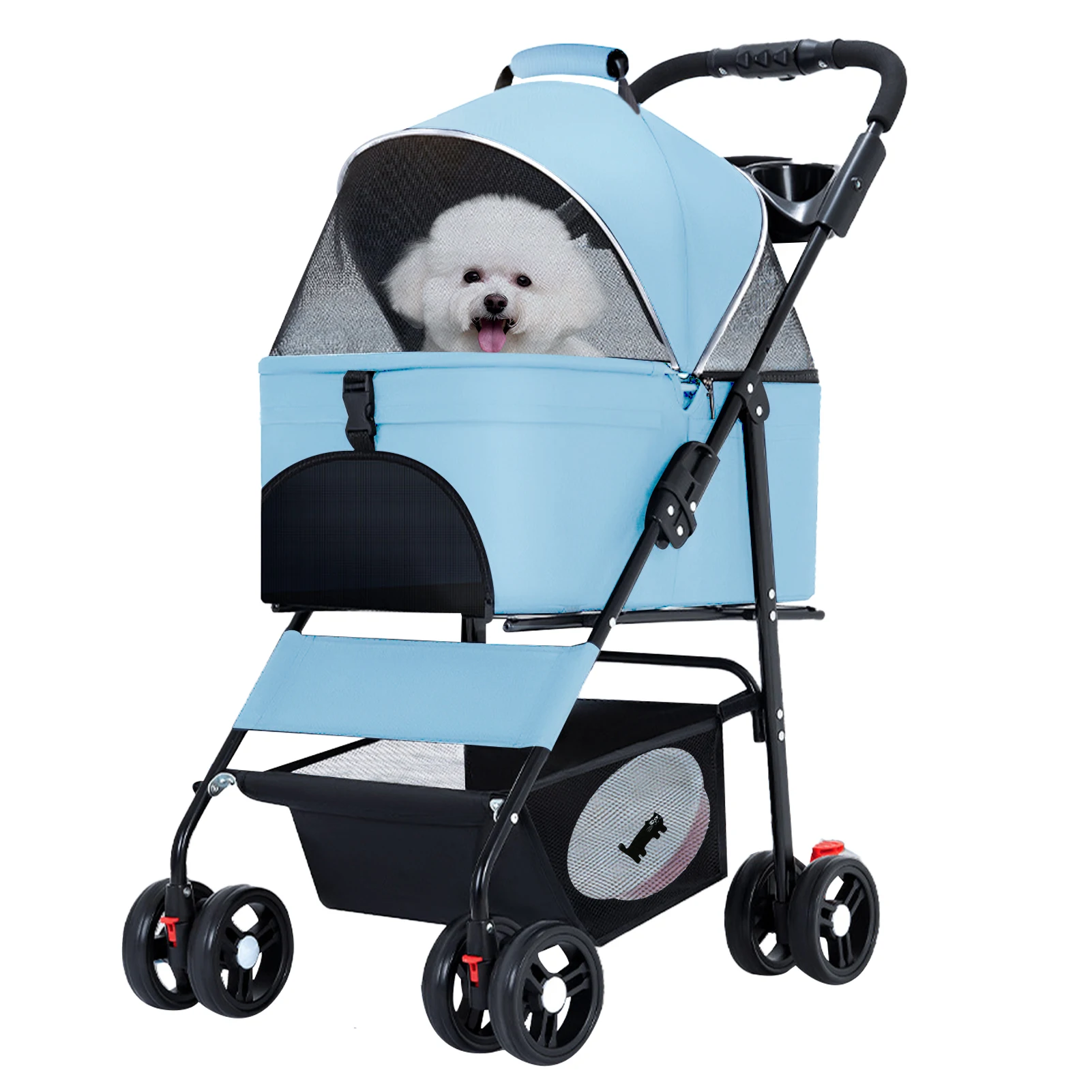 

4-Wheel Dog Stroller pet Cart Foldable Design with Storage Basket for Medium Dogs and Cats up to 66lbs