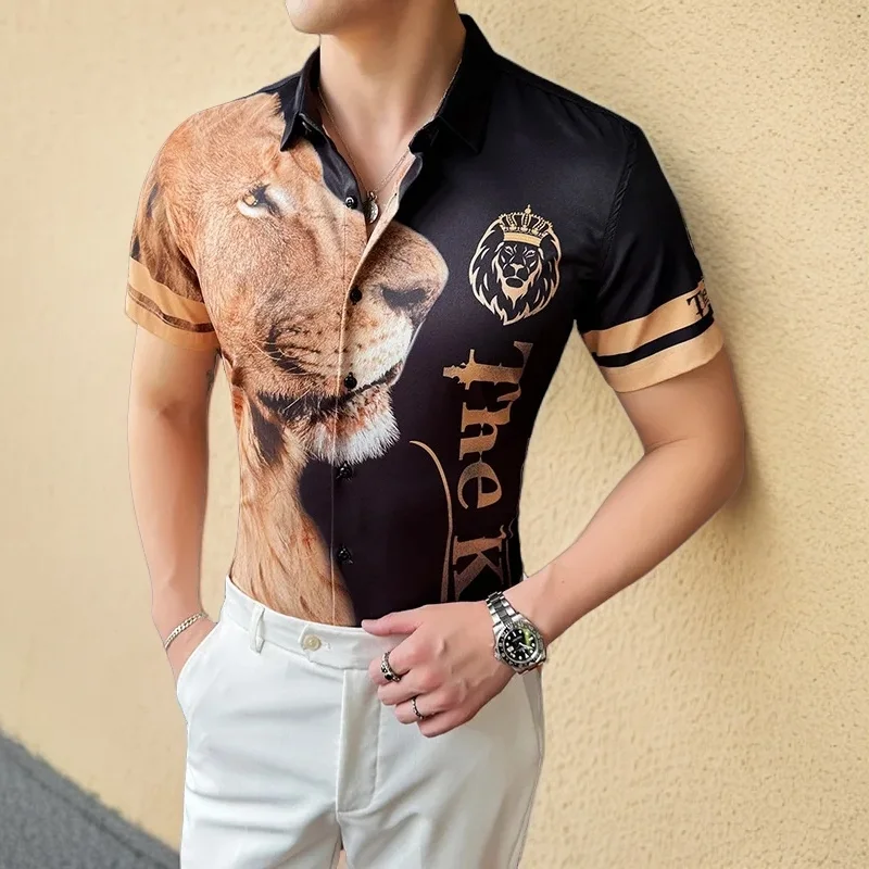 

Noble Style Luxury 3D Digital Printed Lion Men's Shirt Vintage Short Sleeve Button Lapel Men Shirts Summer Fashion Chemise Homme