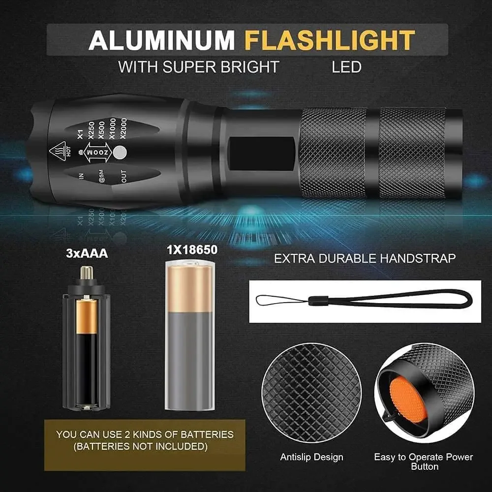 Super Bright LED Flashlight 5 Modes Powerful Tactical Flashlight Zoomable Torch Outdoor Emergency Light for Camping Fishing