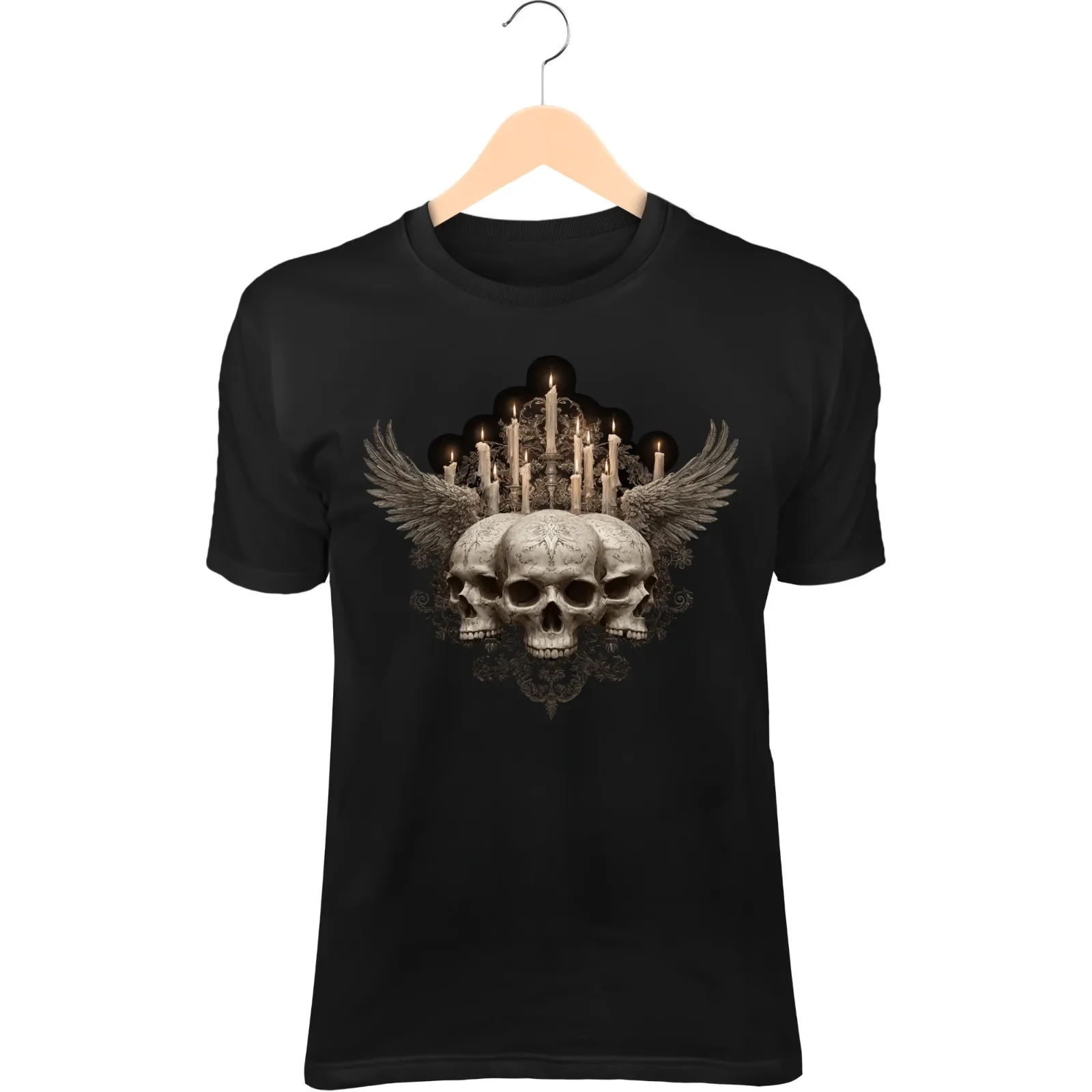 Two-Headed Skull Demon T-Shirt - Stitched Faces, Gothic Runes & Floating Candles