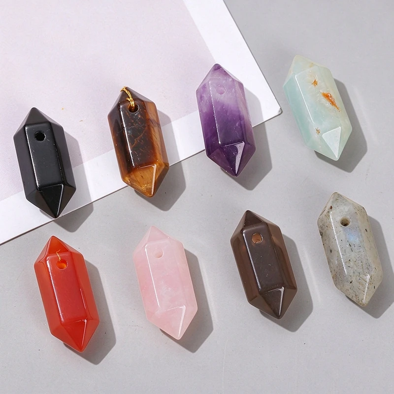 5 Stück natürliche, sechseckige Quarzkristall-, Amethyst- und Tigeraugen-Perlen-Anhänger für die Herstellung von Schmuck, Halsketten und Accessoires. – Detail 1