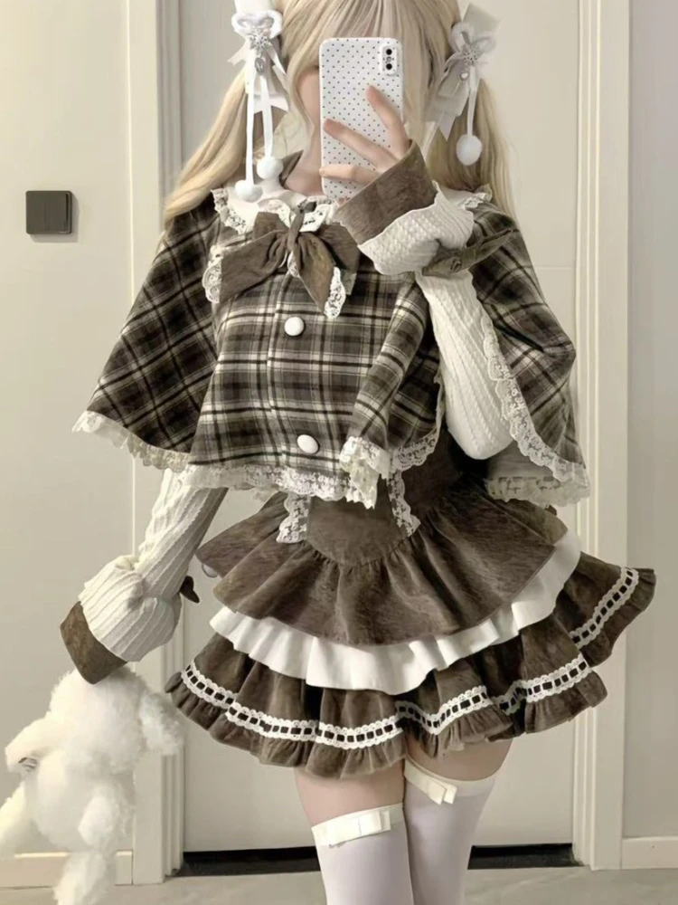 

New Winter Sweet Vintage 3 Piece Sets Women Short Cloak + Y2k Tops + Mini Skirts Japanese Fashion Kawaii Korean Popular Clothes