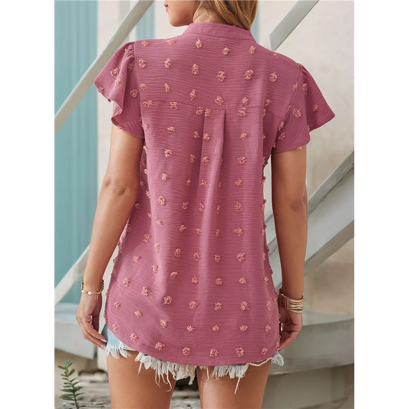 

NEW-Women 2025 Summer V Neck Ruffle Short Sleeve Blouse Dot Flowy Shirt Tunic Top