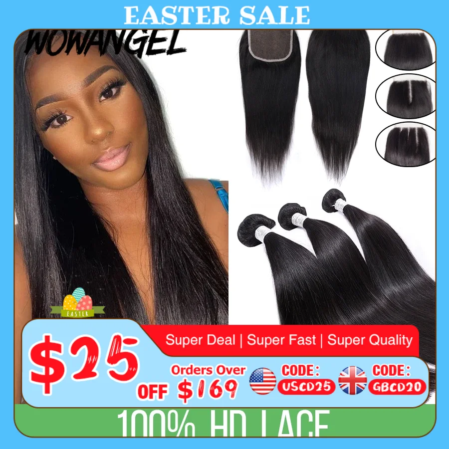 HD invisible Lace Closure 30 Inch Virgin Human Hair Bone Straight Weave Bundles with Closure Silky Hair 3/4 pieces Extensions