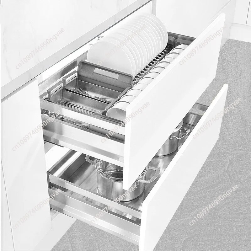 Basket Kitchen Cabinet 304 Stainless Steel Double-layer Kitchen Cabinet Seasoning Rack Dishes Basket Storage Silent