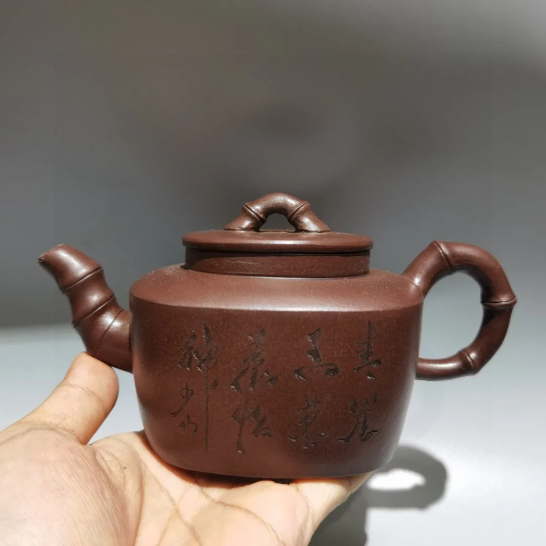 

7"Chinese Yixing Purple clay pot Square pot bamboo joint Kettle Teapot Flagon Amass wealth Ornaments Town house