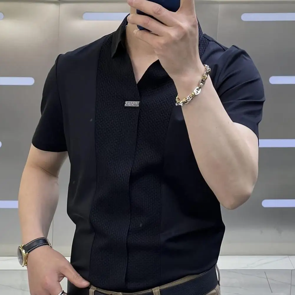 Men Short-sleeve Shirt Formal Business Style Men\'s Summer Shirt With Turn-down Collar Short Sleeves Slim Fit Patchwork Soft