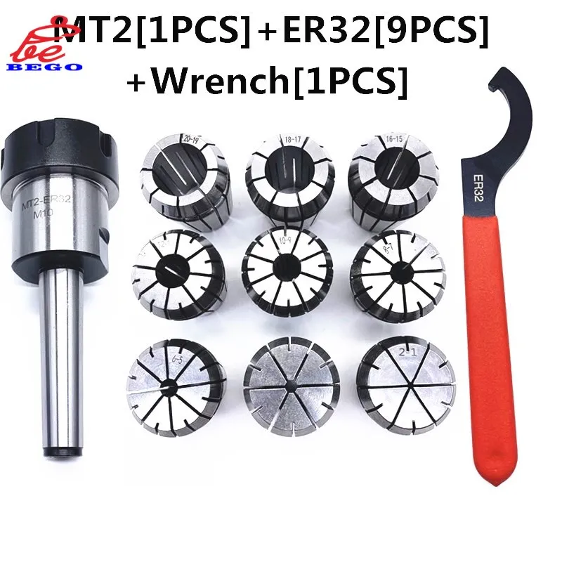 

ER32 Spring Collets 9pcs Set And 1pcs MT2 ER32 M12 Or MT3 ER32 M12 Or MT4 ER32 M16 Extension Bar Of Milling Chuck +1PCS Wrench