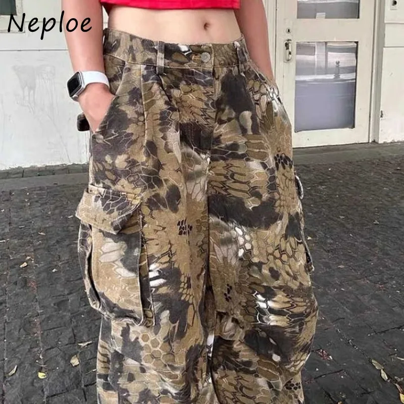 Neploe American Vintege Serpentine Camouflage Pocket Workwear Jeans Female High Waist Slimming Loose Y2K E-Girls Floor Pants